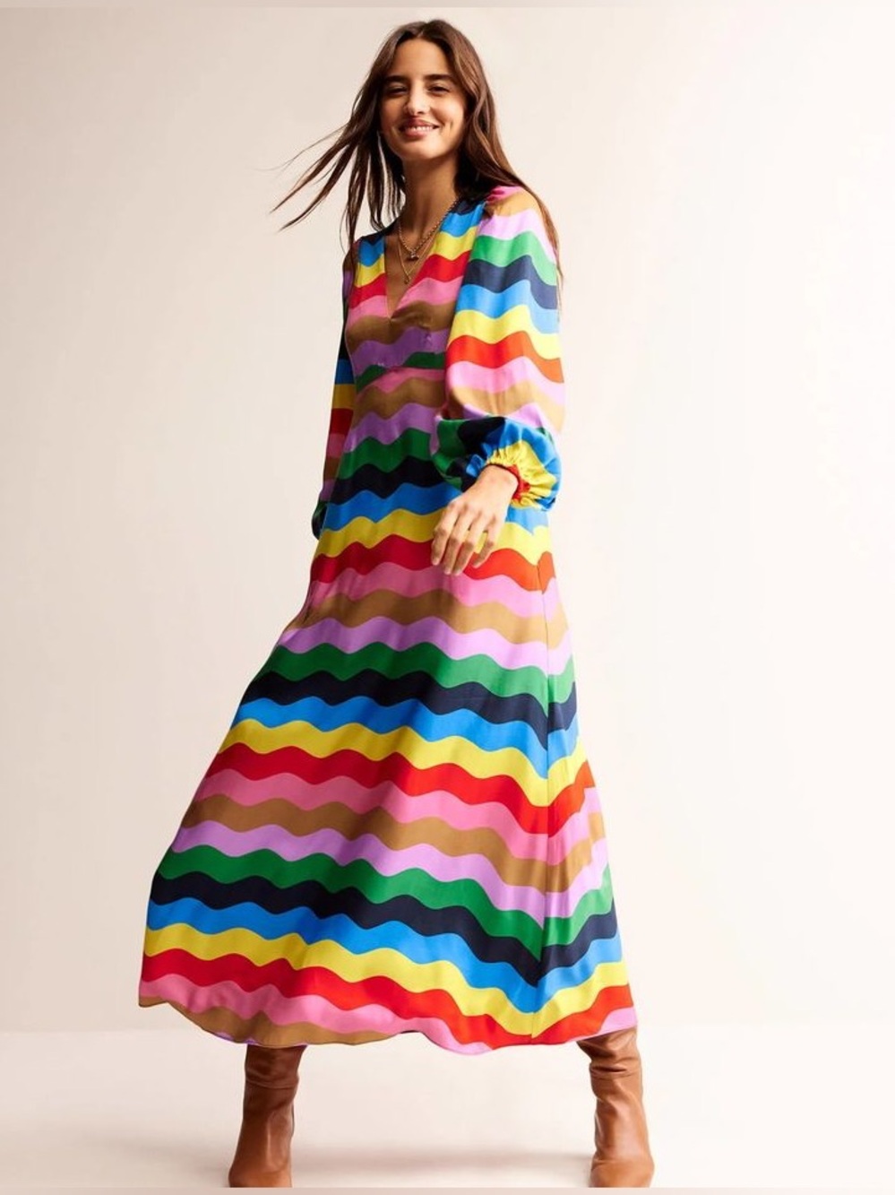 Boden Francis empire long sleeve v neck maxi tea dress rainbow striped 8R nwt